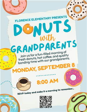  Florence Elementary flyer for Donuts with Grandparents. Colorful donuts decorate the border.